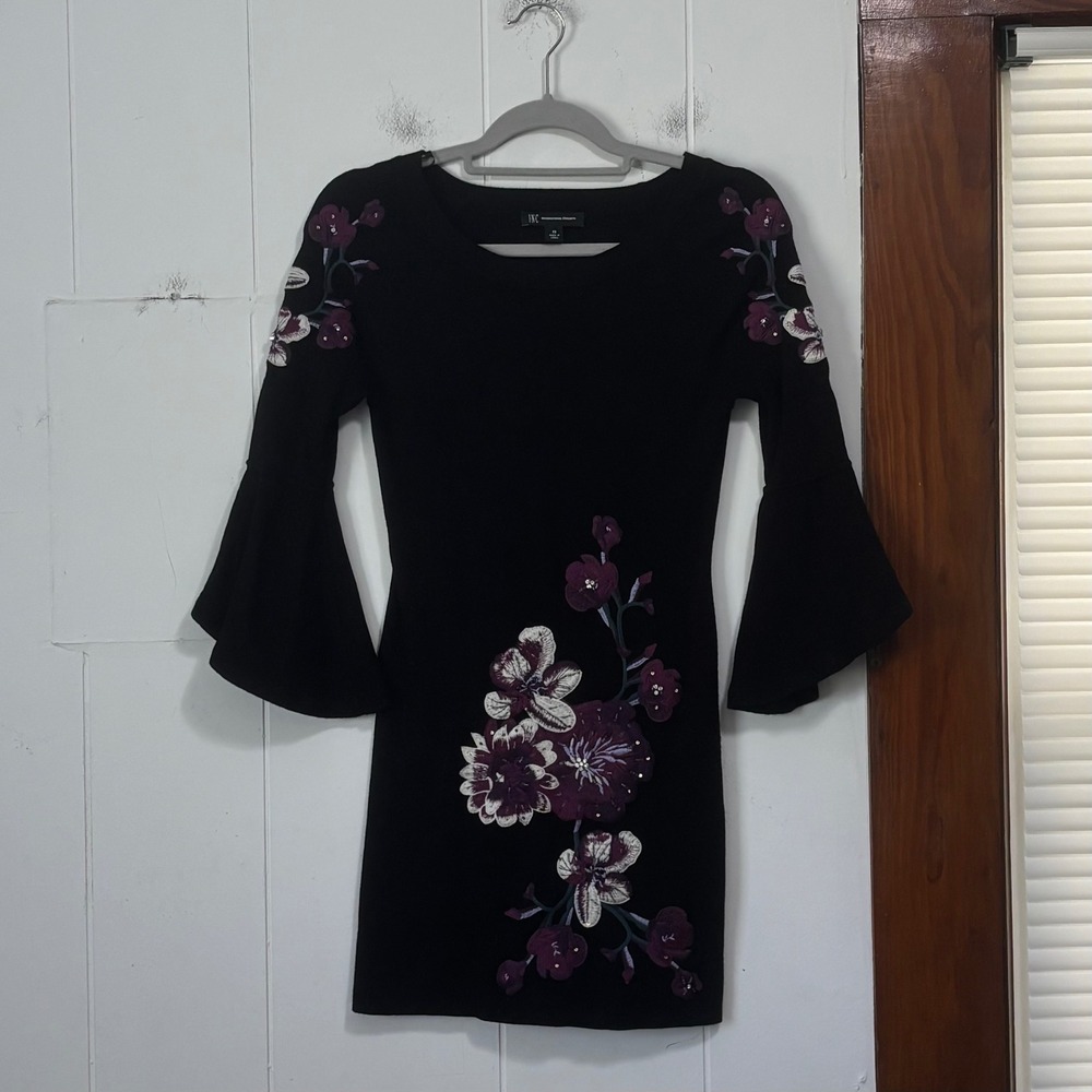 INC International Concepts Black Floral Embroidered Bell Sleeve Sweater Dress XS
